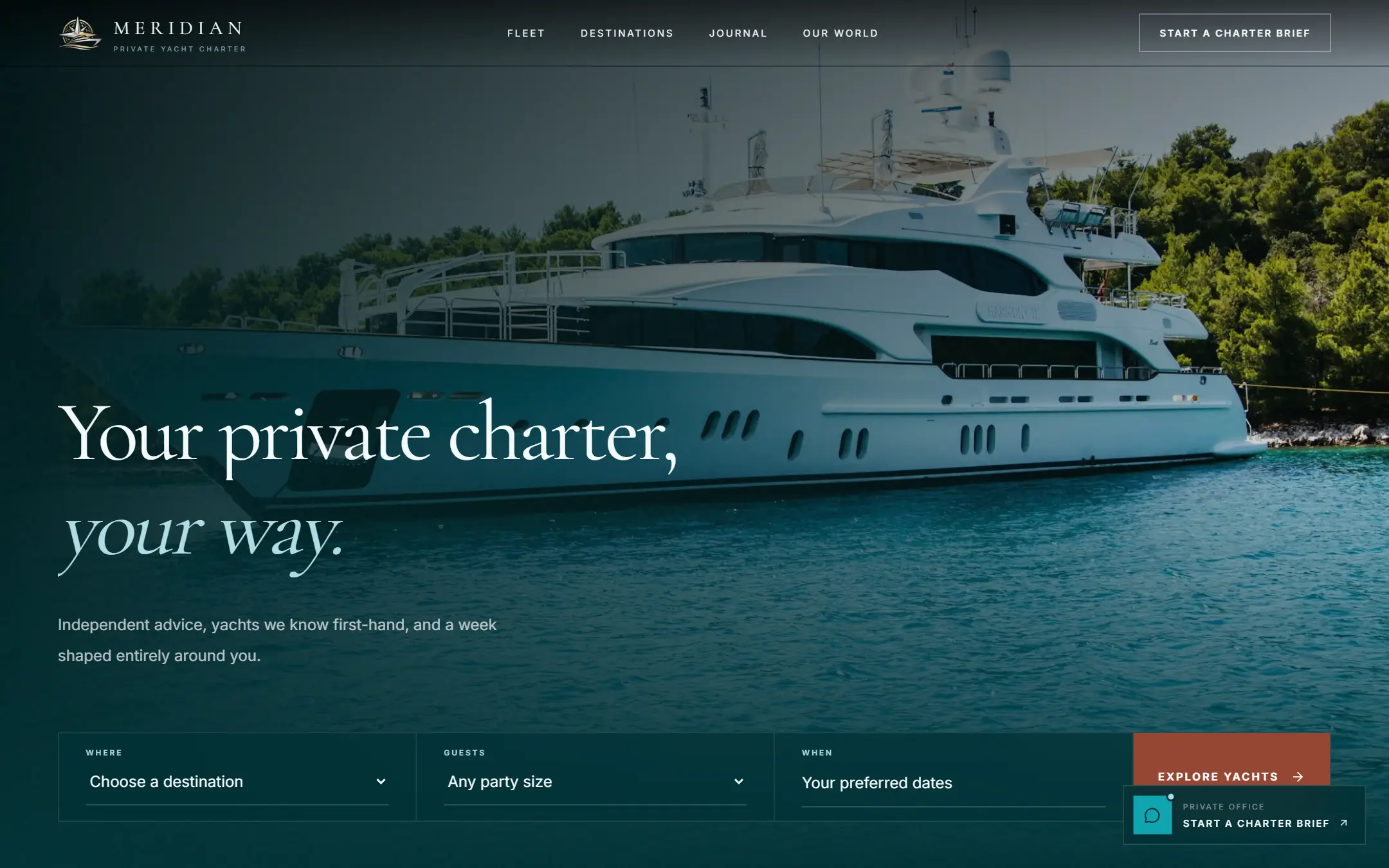 The Meridian Private Yacht Charter website, built by Hyrozen