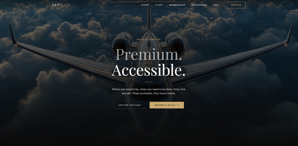 SkyElite private jet charter website shown on desktop